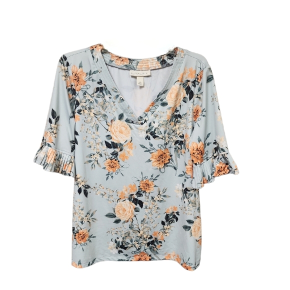 Emaline Women's Pleated Sleeves Floral Print V Neck Top Size Large - Picture 3 of 10